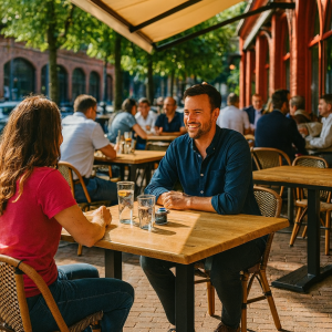 Super-Seat | Zwarte metalen stoelen en schorsrukken rond lichtbruin Werzalit tafels op terras. | Horecameubilair