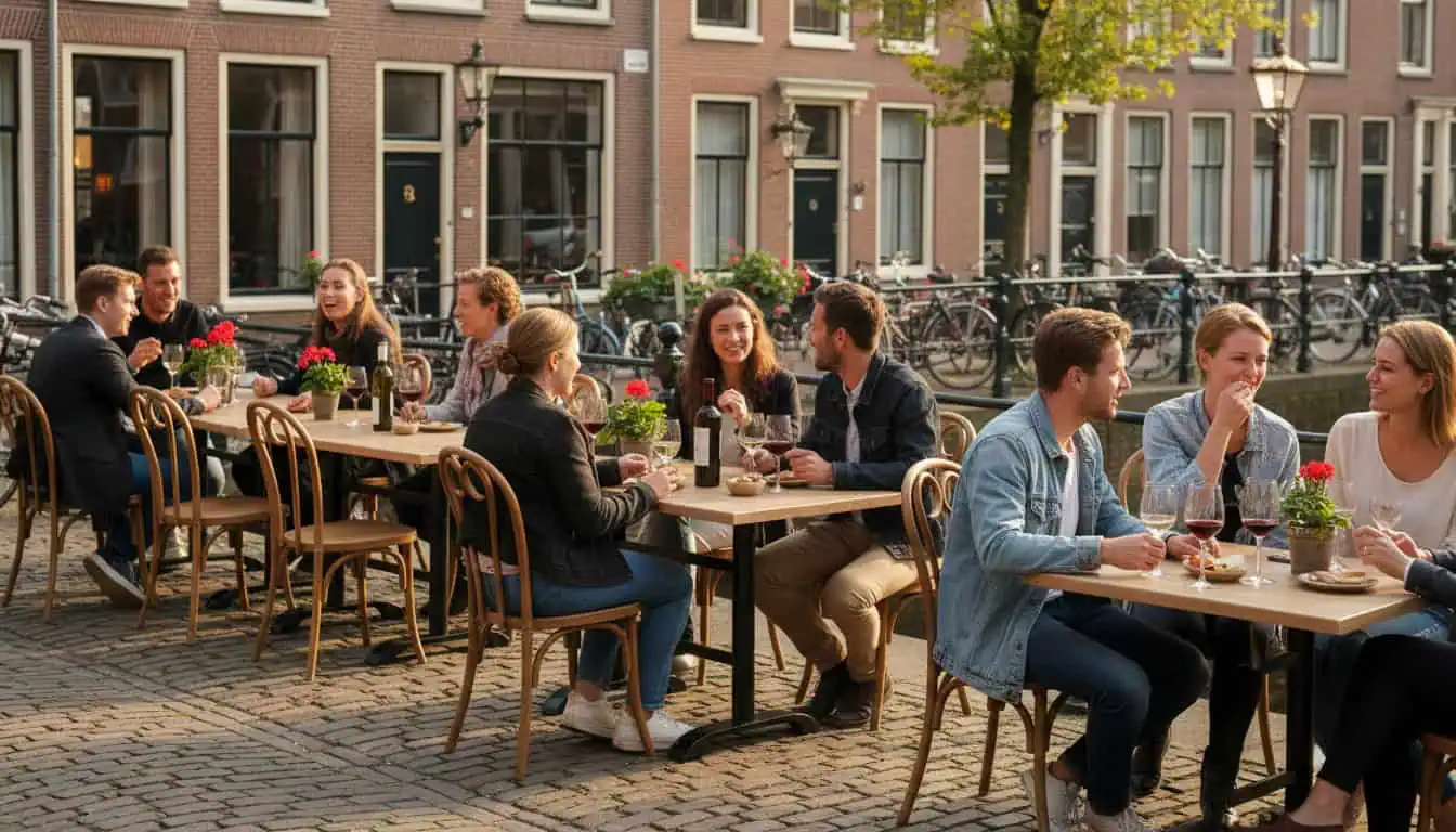 Super-Seat | Wermodin horeca (terras) tafelbladen atacama 120x70cm Gezellig terras met houten tafels, metalen stoelen en fietsen aan de gracht. | Horecameubilair