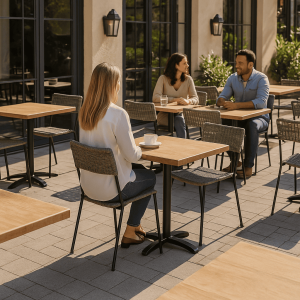 Super-Seat | Werzalit Horeca Terras Tafelbladen Atacama 70x70cm | Bruine kunststof tafel, metalen stoelen bij zonnig buiten terras. | Horecameubilair
