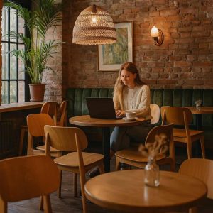 Super-Seat | Scandinavische design stoelen Bonn honing bruin houten stoelen met groene bekleding, ronde houten tafel, bakstenen muur. | Horecameubilair