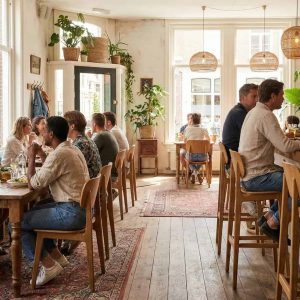 Super-Seat | Scandinavische design stoelen Bonn honing bruin Houten tafels, honingbruine Scandinavische stoelen, barkrukken, veel zonlicht. | Horecameubilair