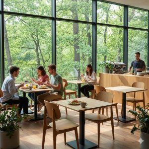 Super-Seat | Scandinavische Stoelen Bonn | Honingbruine houten stoelen en tafels, grote ramen, planten, café met bosuitzicht. | Horecameubilair