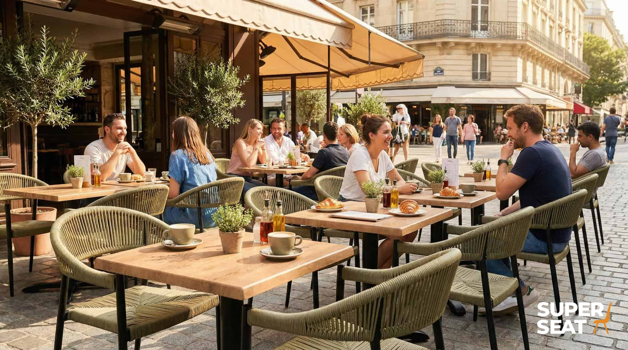 Super-Seat | Wermodin horeca terras tafelblad Atacama 70x70cm Groen metalen stoelen, houten tafels, beige luifel en planten op straat. | Horecameubilair