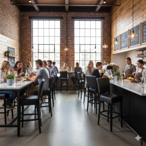 Super-Seat | Moderne café inrichting Zwarte metalen barkrukken, houten tafels en stoelen in lichte, ruime zaak met bakstenen muren. | Horecameubilair