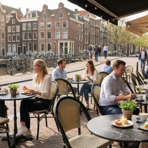 Super-Seat | Terras tafelbladen Zwarte HPL marmer ronde tafels, metalen stoelen bij kanaal met bakstenen gebouwen en fietsen. | Horecameubilair