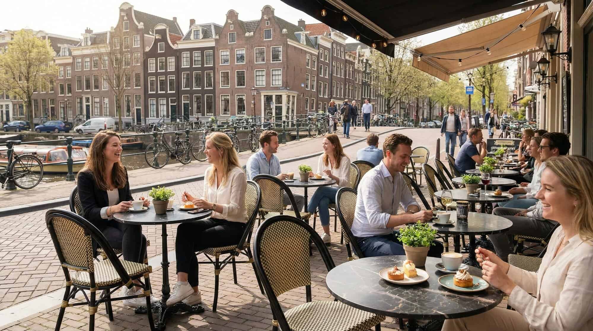 Super-Seat | Terras tafelbladen Zwarte HPL marmer ronde tafels, metalen stoelen bij kanaal met bakstenen gebouwen en fietsen. | Horecameubilair