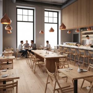 Super-Seat | Beukie vintage houten klapstoelen zandkleurig | Zandkleurige houten stoelen, tafels en barkrukken bij grote ramen in zonlicht. | Horecameubilair