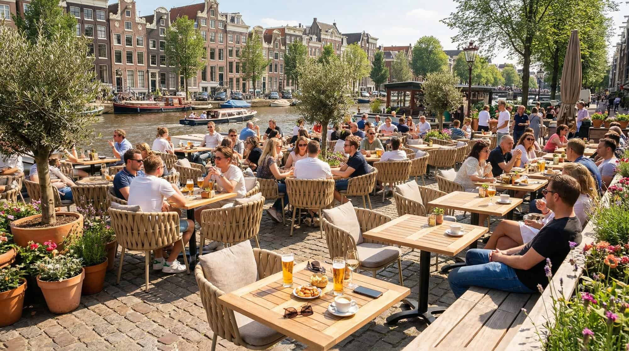 Super-Seat | Houten tafels en stoelen, naturel teakhout, bij zonnig terras aan het water. | Horecameubilair