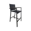 Super-Seat | De Textiel horeca (terras) barkrukken Sunny zwart | Zwarte mesh barkruk met metalen poten, bruine armleuningen, strak design. | Horecameubilair