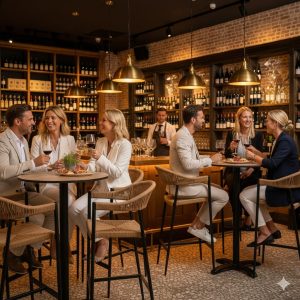 Super-Seat | Terras barkrukken inspiratie | Zes mensen op hoge tafels met gevlochten Praag barkrukken met armleuning, rotan en zwart staal. | Horecameubilair