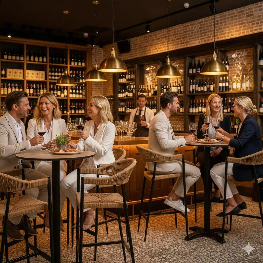 Super-Seat | Terras barkrukken inspiratie | Zes mensen op hoge tafels met gevlochten Praag barkrukken met armleuning, rotan en zwart staal. | Horecameubilair