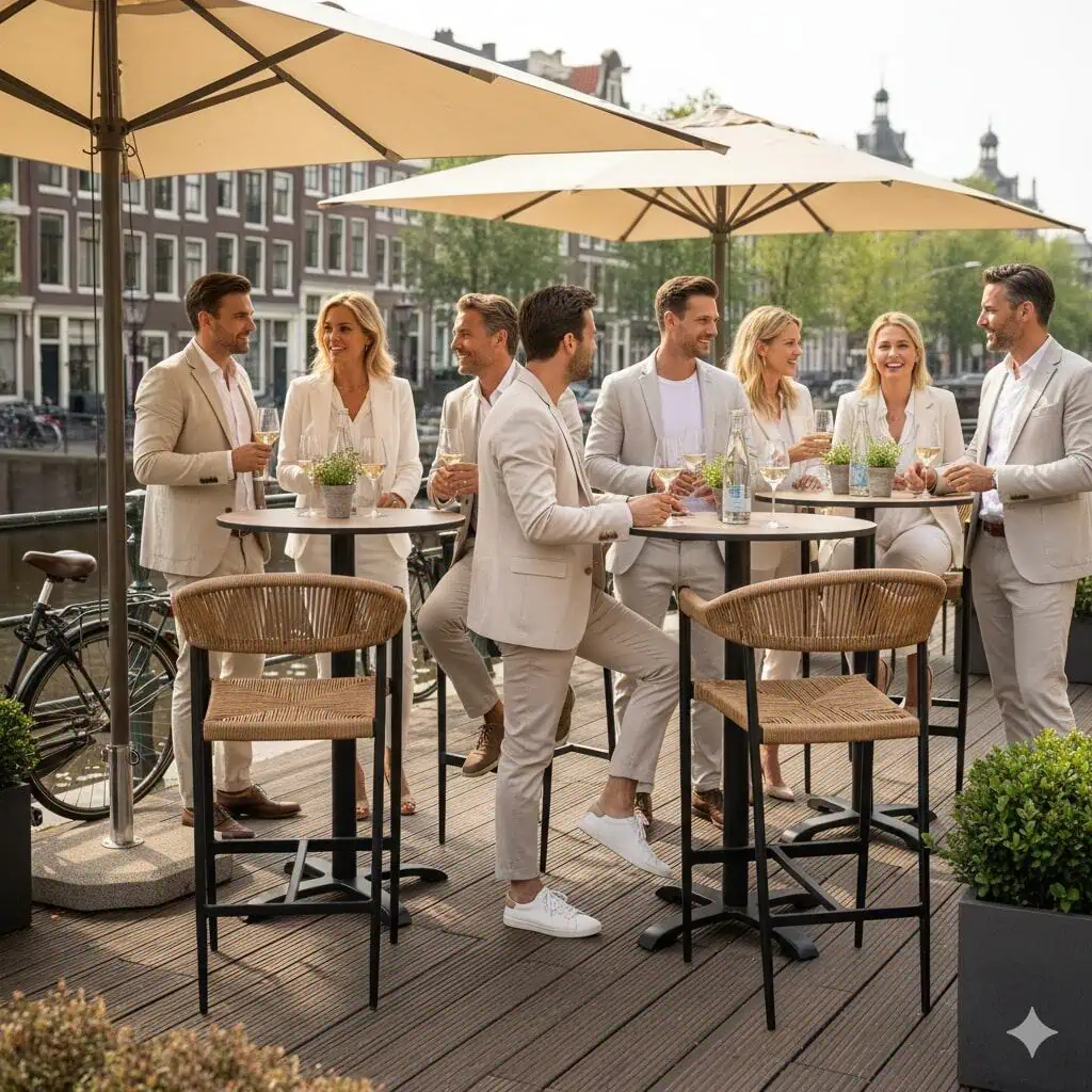 Super-Seat | Buiten terras met gevlochten barkrukken, hoge tafels en stoelen in lichtgrijs vlechtwerk. | Horecameubilair