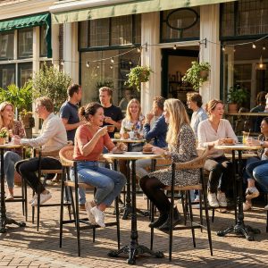 Super-Seat | Praag (terras) barkrukken vlechtwerk met arm | Gevlochten stoelen & barkrukken van riet met metalen frame, houten tafels buiten bij restaurant. | Horecameubilair