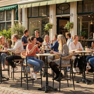 Super-Seat | Praag (terras) barkrukken vlechtwerk met arm | Gevlochten stoelen & barkrukken van riet met metalen frame, houten tafels buiten bij restaurant. | Horecameubilair