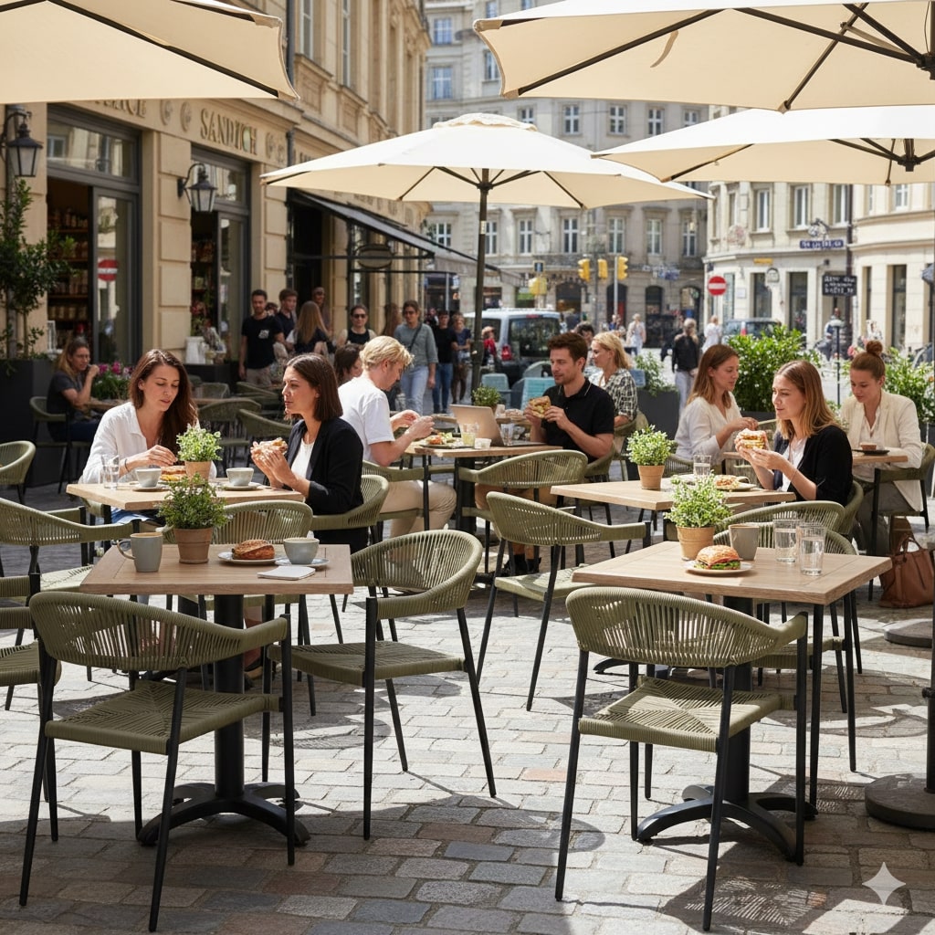 Super-Seat | Praag Terrasstoelen | Gevlochten groene stapelstoelen met arm, tafels, kleine planten op terras aan kinderkopstraat. | Horecameubilair
