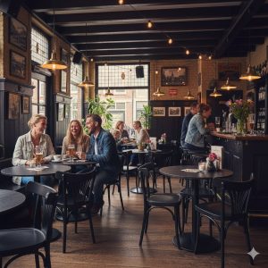 Super-Seat | Horeca Tafels Zwart Melamine Rond 67cm | Zwarte melamine ronde tafels, metalen onderstel, houten vloer, warme kroeg, barkrukken en stoelen. | Horecameubilair