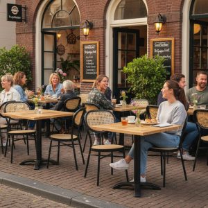 Super-Seat |Teakhouten tafels, metalen stoelen op klinkers, planten en fietsen buiten restaurant. | Horecameubilair