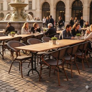 Super-Seat | Tivoli Teak houten terrastafelbladen 120x70cm Bruine teakhouten tafels, grijze stoelen op keienplein bij fontein en klassiek gebouw. | Horecameubilair