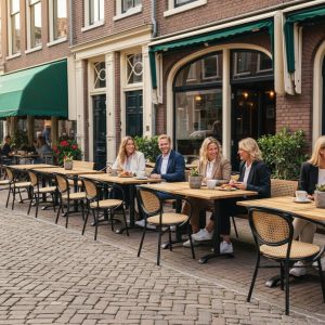 Super-Seat | Houten tafels en stoelen met teak blad, metalen onderstel; buiten op kinderkopjes straat. | Horecameubilair