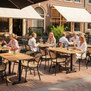 Super-Seat |Terras met teakhouten tafels, gevlochten stoelen, bloempotten en bakstenen vloer buiten. | Horecameubilair