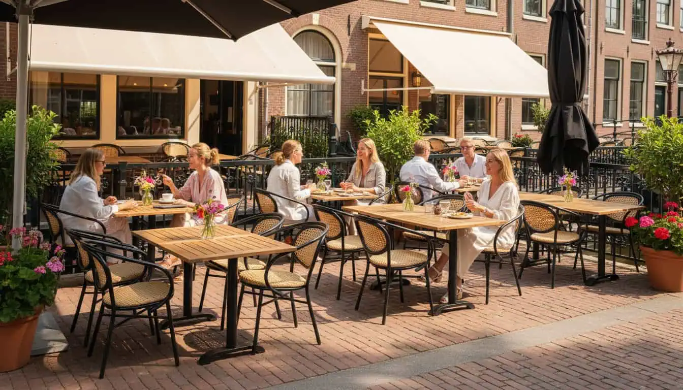 Super-Seat |Terras met teakhouten tafels, gevlochten stoelen, bloempotten en bakstenen vloer buiten. | Horecameubilair