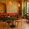 Super-Seat | Horeca tafels zwart melamine rond 67cm met onderstel | Zwarte melamine tafels, metalen poten, stoelen met oranje stof en houten stoelen. | Horecameubilair