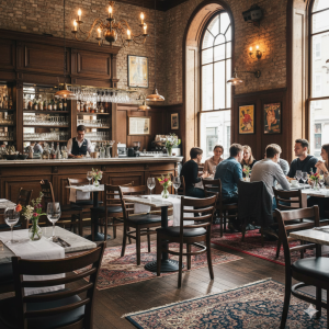 Super-Seat | Houten tafels en zwarte leren stoelen in warm verlichte, bakstenen ruimte. | Horecameubilair