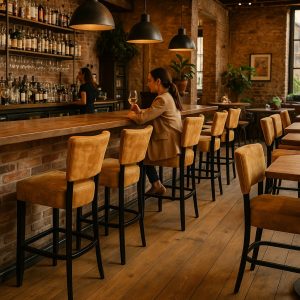 Super-Seat | Een vrouw zit alleen aan een houten bar in een warm verlicht, bakstenen restaurant met een drankje in haar hand. | Okergele velours Lisa Rome barkrukken met zwarte metalen poten aan een houten bar, warme sfeer en bakstenen muur. | Horecameubilair