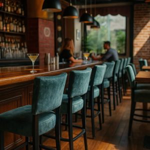 Super-Seat | Aan een houten bar kletsen twee mensen met Lisa Rome horeca barkrukken vintage groen... | Vintage groene stoffen barkrukken met houten poten aan een houten bar, zonlicht en flessen op de achtergrond. | Horecameubilair