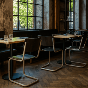 Super-Seat | Moderne Restaurantinrichting Houten tafels, zwarte buisframe stoelen, glaswerk, bestek, visgraatvloer en veel daglicht. | Horecameubilair