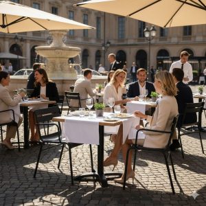 Super-Seat | Horeca Terras Tafels Wermodin eiken Eikenhouten tafels en metalen stoelen, zonnig terras, mensen dineren en praten. | Horecameubilair