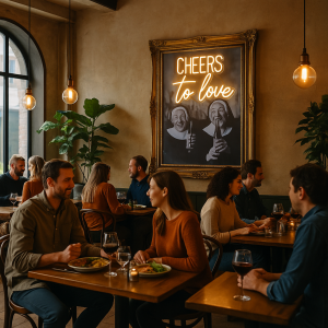 Super-Seat | Diners ontspannen in een gezellig restaurant met warme verlichting en kamerplanten | Stoelen van donker hout met groene bekleding, tafels van licht eiken, barkrukken zwart staal en leer |. | Horecameubilair