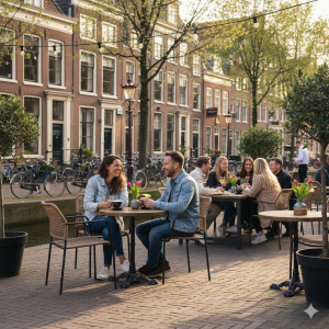 Super-Seat | Harper horeca budget terras stapelstoelen met arm Grijze metalen stapelstoelen, houten tafels buiten aan de gracht, omringd door planten. | Horecameubilair
