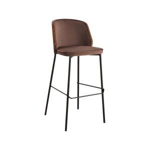 Super-Seat | Het New York design barkrukken hout velours Mokka | Bruine velours barkruk met gebogen rugleuning, houten frame, zwarte metalen poten. | Horecameubilair