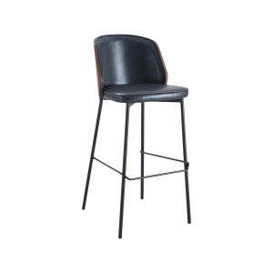 Super-Seat | The New York Design Barkrukken Hout Zwart Leer | Moderne barkruk met zwarte lederen zitting, slanke metalen poten en donkerbruin houten accent. | Horecameubilair