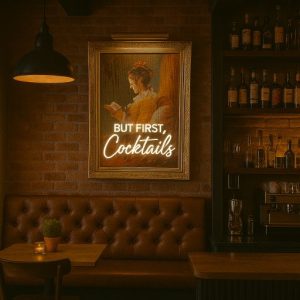 Super-Seat | Een slecht verlichte bar met een neon kunst COCKTAILS | Bruin leren bank, ronde houten tafel, gouden lijst, antiek hout, flessenplanken. | Horecameubilair