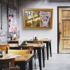 Super-Seat |Houten tafels en stoelen, warme bruintinten, houten deur, gouden lijst neon kunst. | Horecameubilair