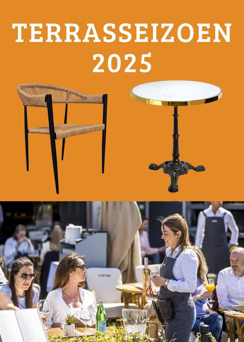 Super-Seat | Terrasseizoen 2025 | Wicker stoel, ronde tafel in warme tinten; levendige oranje achtergrond versterkt de sfeer buiten. | Horecameubilair