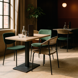 Super-Seat |Houten tafel, rieten groene stoelen, glaswerk en waterkaraf bij raam met plant. | Horecameubilair