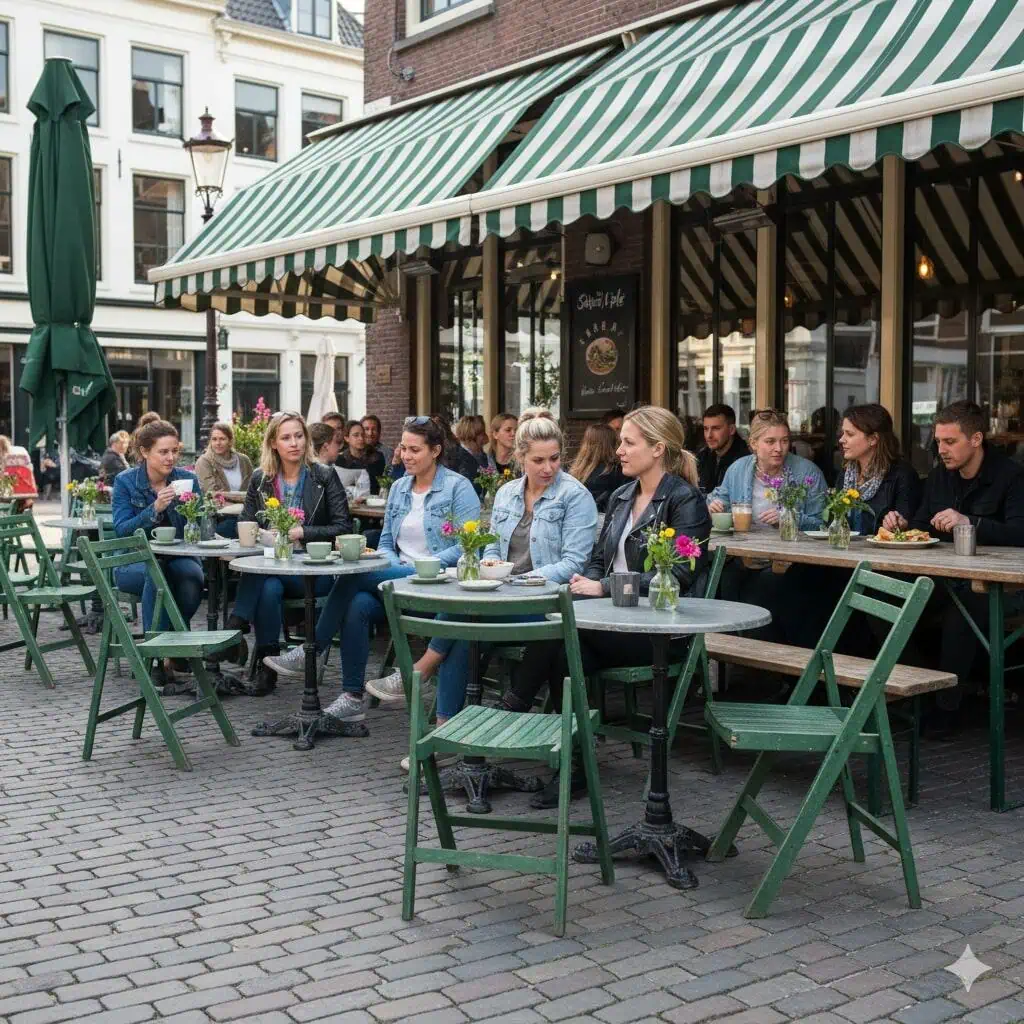 Super-Seat | Grasgroene houten klapstoelen en groene tafels, vintage look, buiten bij café met gestreepte luifels. | Horecameubilair