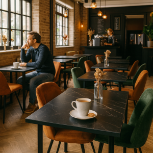 Super-Seat | Wat je gaat tegenkomen | Man aan zwart marmer melamine tafel, groene fluwelen stoelen, grote ramen, barista in modern café. | Horecameubilair