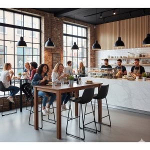 Super-Seat |Houten tafels, bakstenen muren, grote ramen, metalen stoelen en barkrukken in modern café. | Horecameubilair