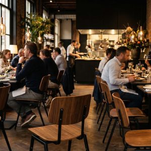 Super-Seat | Houten stoelen en zwarte marmeren tafels in modern restaurant met grote ramen. | Horecameubilair