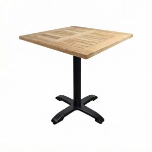 Super-Seat | Horeca terras tafels Tivoli teak 70x70cm | Vierkant teak blad, zwart metalen poot, geschikt voor buiten, op witte achtergrond. | Horecameubilair