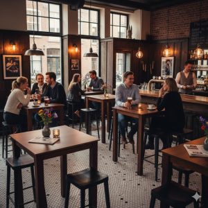 Super-Seat | Parker bruin café horeca STA tafels 80x80cm | Bruin houten tafels, stenen muren, bloemen, kaarsen, grote ramen en houten stoelen. | Horecameubilair