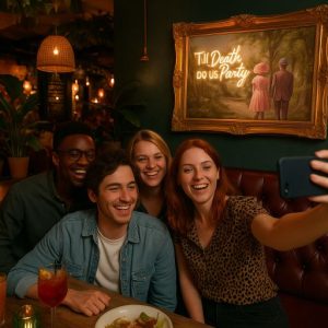 Super-Seat | Vier vrienden glimlachen in een restauranthokje terwijl iemand een selfie maakt | Neon kunst 'PARTY' in antieke gouden lijst; stand met stoffen stoffen banken, houten tafel |. | Horecameubilair