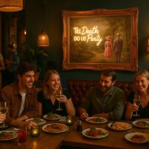 Super-Seat | Vijf vrienden genieten van eten en drinken aan een restauranttafel | Houten tafel, metalen stoelen met zwarte bekleding, neon kunst in antieke gouden lijst. | Horecameubilair