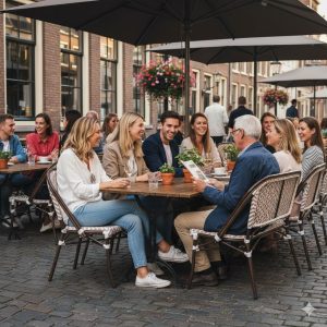 Super-Seat | Marylin Paris horeca rotan terras bank boho beige 112cm | Rotan banken in beige met houten tafels, stoelen, bloemen en menukaarten buiten. | Horecameubilair