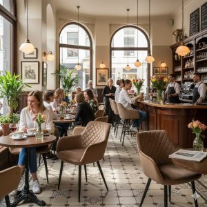 Super-Seat | Diamond fluwelen horeca stoelen mokka Fluwelen mokka stoelen, houten ronde tafels en krukjes, planten en grote ramen in café. | Horecameubilair