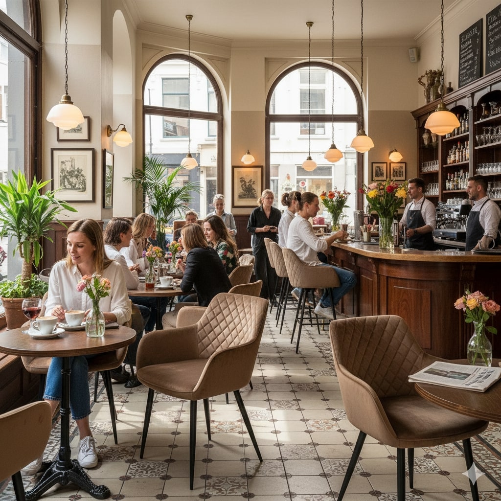 Super-Seat | Diamond fluwelen horeca stoelen mokka Fluwelen mokka stoelen, houten ronde tafels en krukjes, planten en grote ramen in café. | Horecameubilair